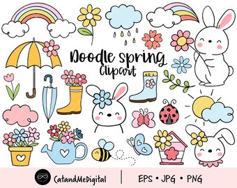 Doodle spring clipart Spring clipart Spring png Easter clipart Bunny png Woodland png Hand drawn Flower, Rainbow, Boot, Cloud, Weather png