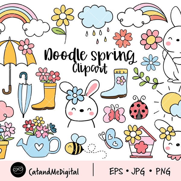 Doodle spring clipart Spring clipart Spring png Easter clipart Bunny png Woodland png Hand drawn Flower, Rainbow, Boot, Cloud, Weather png