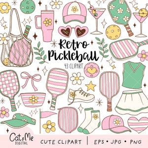 May include: Retro pickleball themed clipart set with 43 images. The set includes paddles, balls, sunglasses, a drink, a net, a visor, a skirt, a shirt, socks, a shoe, a flag, and flowers. The images are in pink, green, yellow, and white.