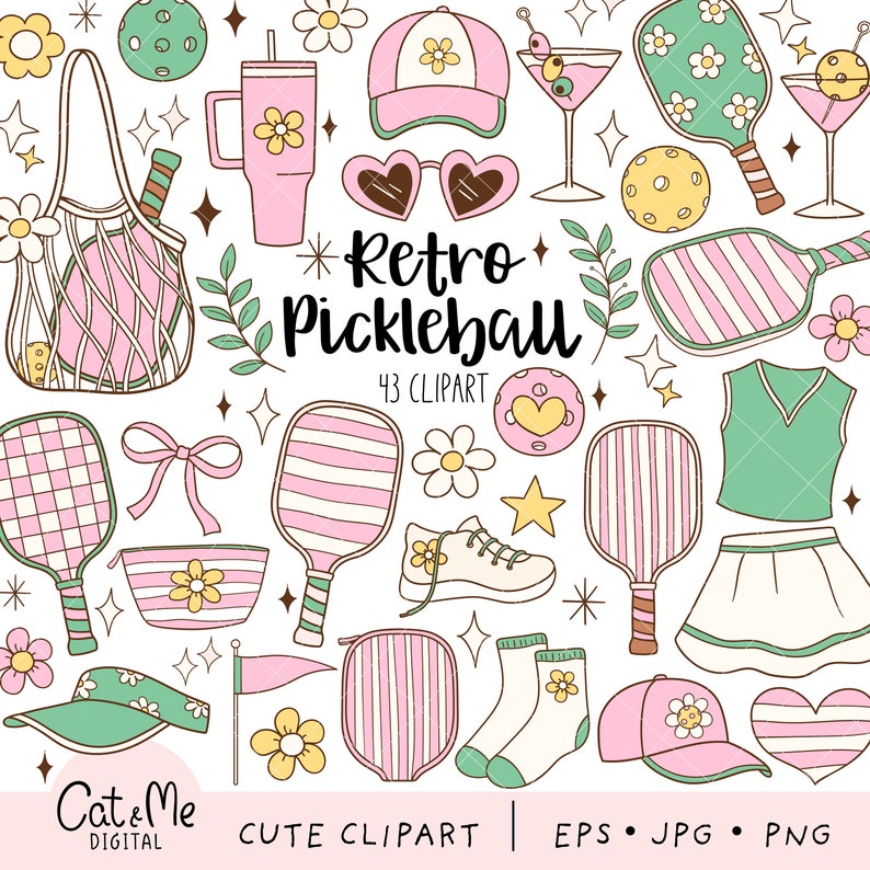 May include: Retro pickleball themed clipart set with 43 images. The set includes paddles, balls, sunglasses, a drink, a net, a visor, a skirt, a shirt, socks, a shoe, a flag, and flowers. The images are in pink, green, yellow, and white.