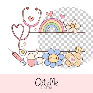 May include: A digital clipart set featuring cute medical illustrations in a pastel color scheme. The set includes a stethoscope, a rainbow, a flower, a bandage, a pill, and a syringe. The text "Cat & Me Digital" is at the bottom of the image.