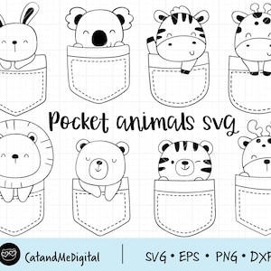 May include: A black and white digital illustration featuring eight animals in pockets. Animals include a rabbit, koala, zebra, giraffe, lion, bear, tiger, and deer. Text reads "Pocket animals SVG".