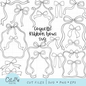 Doodle coquette bows svg Bow ribbon frame svg Outline ribbon svg Vintage whimsical frame Aesthetic bow svg Soft girl Era Ribbon wedding svg
