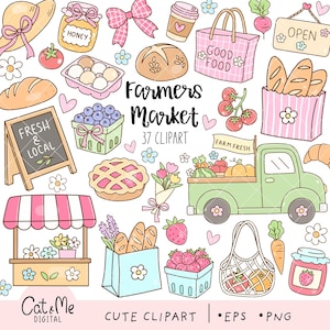 Könnte beinhalten: Eine Sammlung niedlicher, cartoonartiger Illustrationen mit Artikeln vom Bauernmarkt. Enthält einen grünen LKW, Backwaren, Produkte, Blumen und Schilder mit Text wie "Fresh & Local" und "Good Food". Die Wörter "Farmers Market" und "37 Clipart" sind ebenfalls sichtbar.