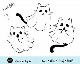 May include: Three black and white line drawings of cats dressed as ghosts. The cats are in various poses, with one cat looking scared, one cat looking surprised, and one cat looking sad. The text "3 cut files" is in the top left corner of the image.