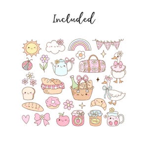 May include: A set of cute cartoon illustrations featuring a picnic theme. The illustrations include a picnic basket, a blanket, food, drinks, a rainbow, a sun, clouds, flowers, a ladybug, a teapot, a goose, and a jar of honey.