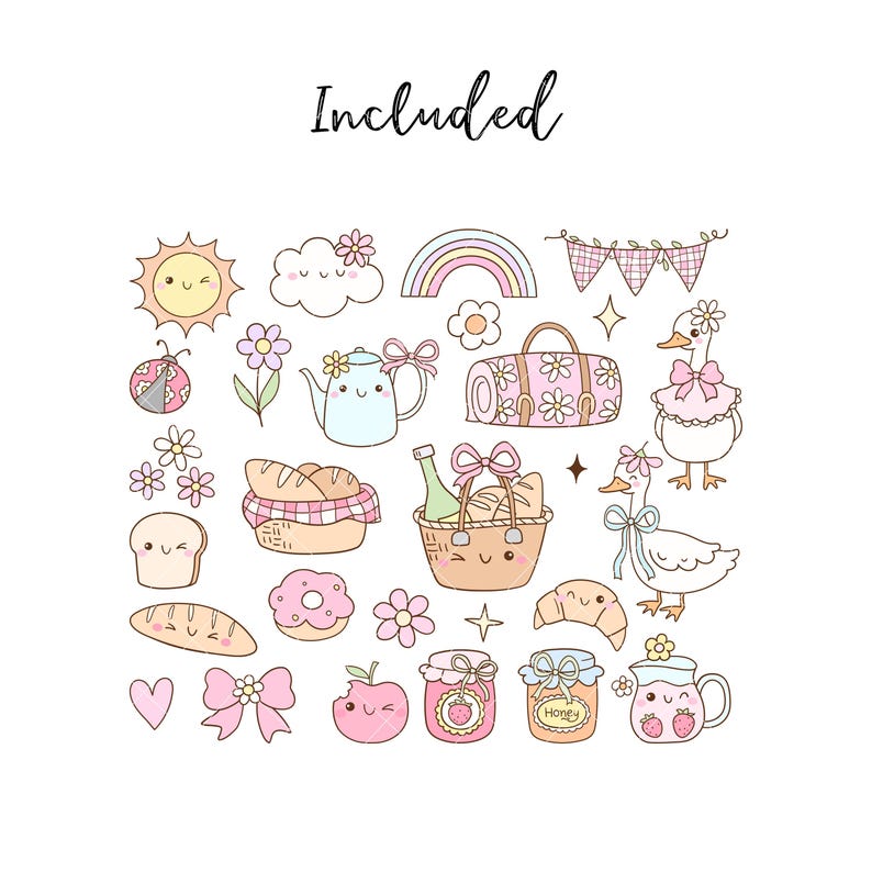 May include: A set of cute cartoon illustrations featuring a picnic theme. The illustrations include a picnic basket, a blanket, food, drinks, a rainbow, a sun, clouds, flowers, a ladybug, a teapot, a goose, and a jar of honey.