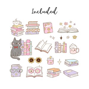 May include: A set of 13 cute illustrations featuring books, a cat, a cup of coffee, a candle, sunglasses, and a book with eyes. The illustrations are in a pastel color palette and have a whimsical style.