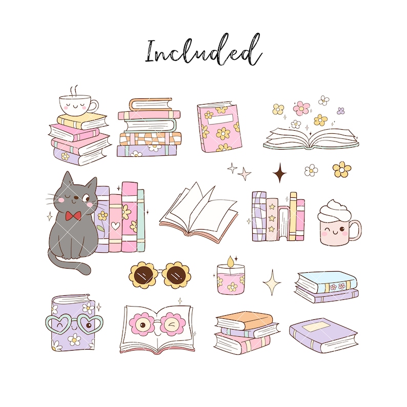 May include: A set of 13 cute illustrations featuring books, a cat, a cup of coffee, a candle, sunglasses, and a book with eyes. The illustrations are in a pastel color palette and have a whimsical style.