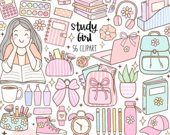 Study girl clipart Whimsy school png Back to school png Preppy teacher png Education clipart Planner girl png Pastel school supplies png