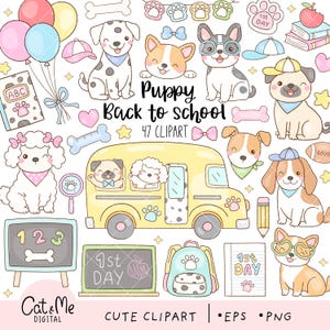 Peut inclure: Illustration numérique colorée avec des chiots et des éléments scolaires. On y trouve un bus scolaire jaune, des ballons, des livres et un sac à dos. Le texte "Puppy Back to school" est mis en évidence.