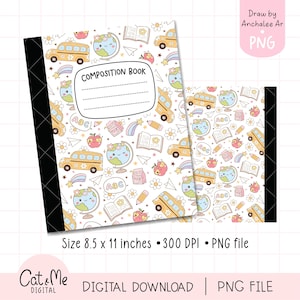 Puede incluir: Dos cuadernos de composición con fondo blanco y un patrón repetido de ilustraciones escolares. El patrón incluye autobuses escolares amarillos, globos sonrientes, libros, manzanas y lápices. Los cuadernos tienen el texto "COMPOSITION BOOK" y miden 21,6 x 27,9 cm.