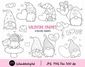 Valentine gnome digital stamp clipart Gnome clipart Gnome outline Digistamp gnome Printable clipart Valentine Digital Stamp Coloring clipart