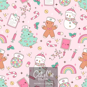 Christmas nurse seamless pattern Pink nurse life seamless Christmas repeating pattern Pastel christmas print fabric Christmas digital paper