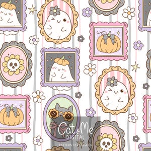 Op de afbeelding: Een herhalend patroon met ingelijste illustraties van geesten, pompoenen en een kat met een zonnebril. De frames zijn in pastelkleuren met bloemen- en steraccenten, tegen een gestreepte achtergrond. De tekst "Cat & Me DIGITAL" is zichtbaar.