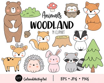 Woodland animal clipart Animal clipart Forest animal clip art  Woodland printable Bear Deer Squirrel Raccoon Rabbit Fox Instant download
