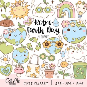 Könnte beinhalten: Eine Sammlung niedlicher, Retro-Stil Earth Day Clipart. Enthält lächelnde Sonne, Wolken, Regenbogen, Erde, Blumen, Recycling-Symbole und eine Tragetasche. Der Text "Retro Earth Day" und "41 Clipart" sind ebenfalls sichtbar.
