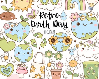 Retro Earth Day Clipart Erde Tag PNG Groovy Flower Power Clipart Positive vibes png Planet Lover PNG für Sublimation Happy earth day Clipart