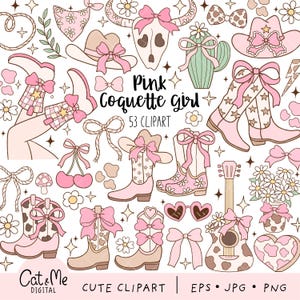Pode incluir: Um conjunto de 53 ilustrações digitais clipart rosa e marrom, incluindo um crânio de vaca, chapéus de cowboy, botas, laços, cerejas, cactos e um violão. O texto "Pink Coquette Girl" aparece no centro da imagem.