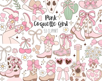 Könnte beinhalten: Ein Set mit 53 digitalen Clipart-Illustrationen in Pink und Braun, die einen Kuhschädel, Cowboyhüte, Stiefel, Schleifen, Kirschen, Kakteen und eine Gitarre zeigen. Der Text "Pink Coquette Girl" ist in der Mitte des Bildes zu sehen.