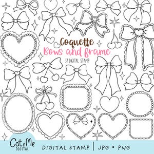 May include: A set of 37 digital stamps featuring black and white illustrations of bows and frames. The bows are in various styles and sizes, and the frames are in the shape of hearts, circles, and squares. The text "Coquette Bows and Frame" and "37 Digital Stamp" is included in the image.