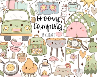 May include: A set of 48 colorful cartoon illustrations of camping equipment and activities. The illustrations include a tent, a campfire, a grill, a backpack, a lantern, a car, a mushroom, a tree, a cloud, a sun, a hot dog, a camera, a compass, a sleeping bag, a mug, a marshmallow, a heart, a flower, a shovel, a frying pan, and an egg. The illustrations are in a whimsical style and are perfect for use in scrapbooking, card making, or other craft projects.