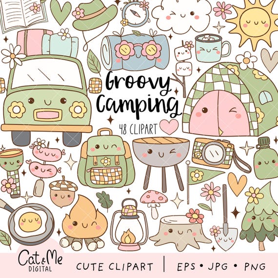 Groovy camping clipart Retro camping png Travel clipart Summer camp png Backpacking clipart Camper png Campfire png Camping gift png