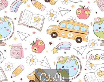 Doodle retro back to school seamless Groovy teacher pattern School repeating pattern for sublimation School bus Apple Rainbow digital paper