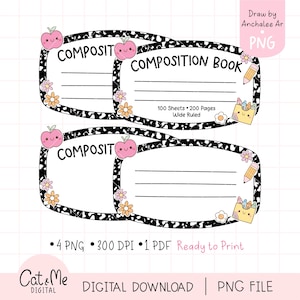 May include: Digital composition book labels with a black and white speckled border, featuring the text "COMPOSITION BOOK" and "COMPOSIT". The labels include illustrations of smiling apples, pencils, and flowers. The text "100 Sheets • 200 Pages Wide Ruled" is also present.