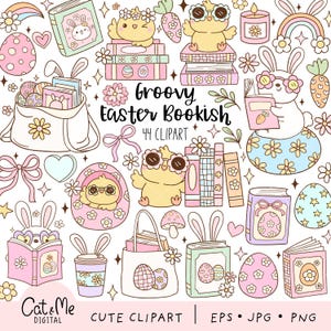 May include: A set of 44 Easter-themed clip art images featuring cute chicks, bunnies, eggs, books, and other spring-themed elements. The images are in a cartoon style and are perfect for adding a touch of whimsy to your Easter projects.