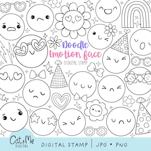Doodle emotions face digital stamp Outline feelings coloring png Emojis stamp Cute expressions cartoon png Emotions face coloring page png