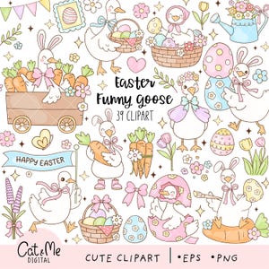 Påskgås Clipart, Fånig Gås Clipart, Pastell vårblomma, Kawaii djur Png, Kanin, Ägg, Pastell påsk vår Png