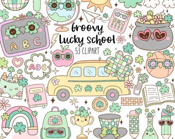 Pastel St patricks day clipart Lucky school png Groovy retro clover png Teacher St patrick Patricks school Classroom dector Teacher gift png