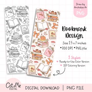 Puede incluir: Se muestran dos diseños de marcapáginas, uno en color y otro en blanco y negro. Los diseños presentan pilas de libros, calabazas, bellotas y lazos. También es visible el texto "Bookmark Design" y "Digital Download".