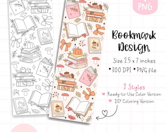 May include: Two bookmark designs are shown, one in color and one in black and white. The designs feature stacks of books, pumpkins, acorns, and bows. The text "Bookmark Design" and "Digital Download" are also visible.