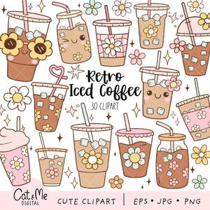 Könnte beinhalten: Ein Set mit 30 Clipart-Bildern im Retro-Stil von Eiskaffee. Die Bilder zeigen verschiedene Eiskaffeebecher und -gläser mit unterschiedlichen Designs, darunter Blumen, Punkte und Smiley-Gesichter. Die Bilder sind im Cartoon-Stil gehalten und eignen sich perfekt für den Einsatz in digitalem Scrapbooking, Kartenherstellung und anderen Bastelprojekten.