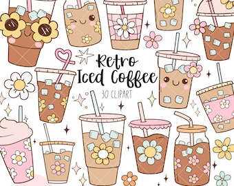 Retro iced coffee clipart Groovy coffee png Coffee cup png Trendy iced coffee Coffee lover clipart Flower daisy png Coffee gift shirt png