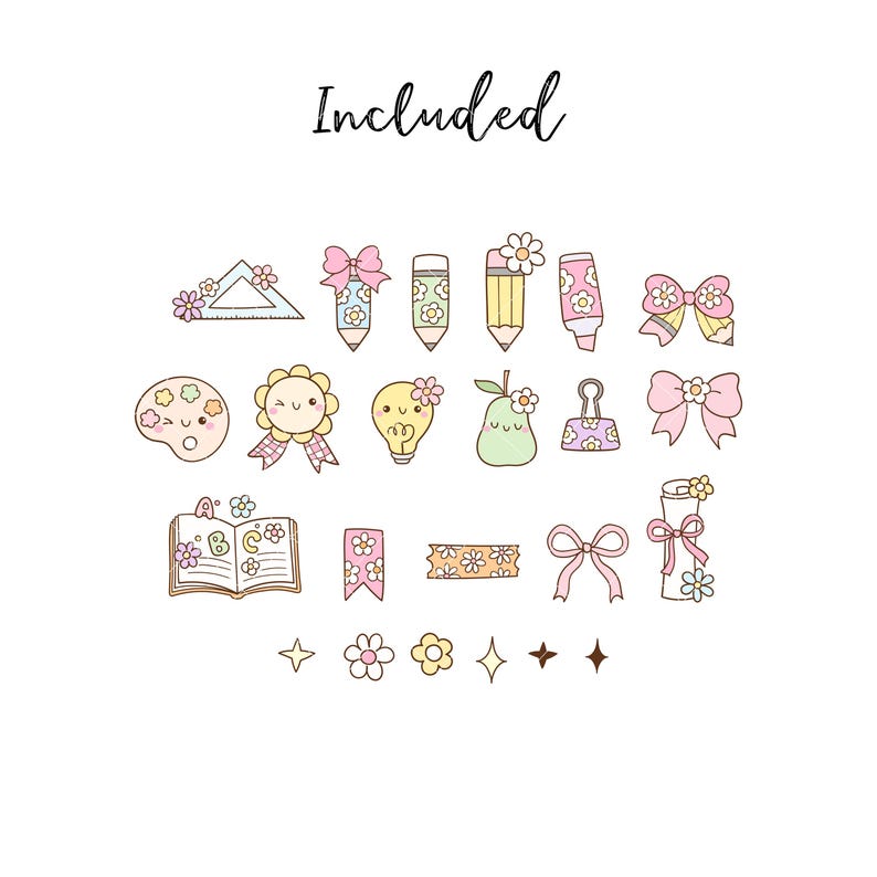 May include: A set of 18 cute, colorful, and whimsical digital stickers featuring school supplies, flowers, and other fun designs. The stickers include a pencil, a ruler, a paint palette, a lightbulb, a pear, a bow, a book, and more. The text "Included" is at the top of the image.