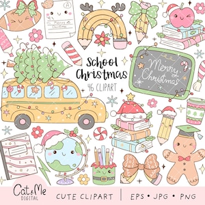 Puede incluir: Una colección de lindos elementos escolares y personajes con temática navideña, estilo caricatura. Incluye un autobús escolar amarillo con un árbol de Navidad, una pizarra con "Merry Christmas" y un globo terráqueo con gorro de Papá Noel. El texto "School Christmas 46 Clipart" también es visible.