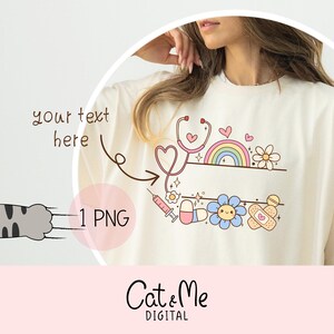 May include: A white sweatshirt with a design featuring a rainbow, a stethoscope, a flower, a bandage, and pills. The text "your text here" is written on the sweatshirt.