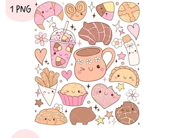 May include: A digital clipart set of 15 cute cartoon food items, including a cup of hot chocolate, churros, a concha, a pan dulce, a tamale, a glass of horchata, and a variety of other Mexican pastries. The food items are all drawn in a cartoon style with big eyes and smiles.