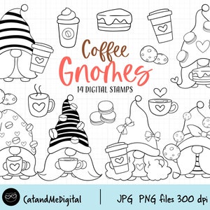 May include: A set of 14 digital stamps featuring cute coffee gnomes in black and white. The gnomes are wearing hats and holding coffee cups, mugs, and pastries. The text "Coffee Gnomes" and "14 Digital Stamps" is included in the image.