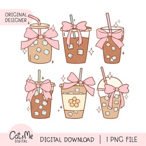 May include: Six illustrations of iced coffee drinks with pink bows and straws. The coffee cups are brown with white ice cubes and a brown lid. The bows are pink with white accents. The straws are pink and white.