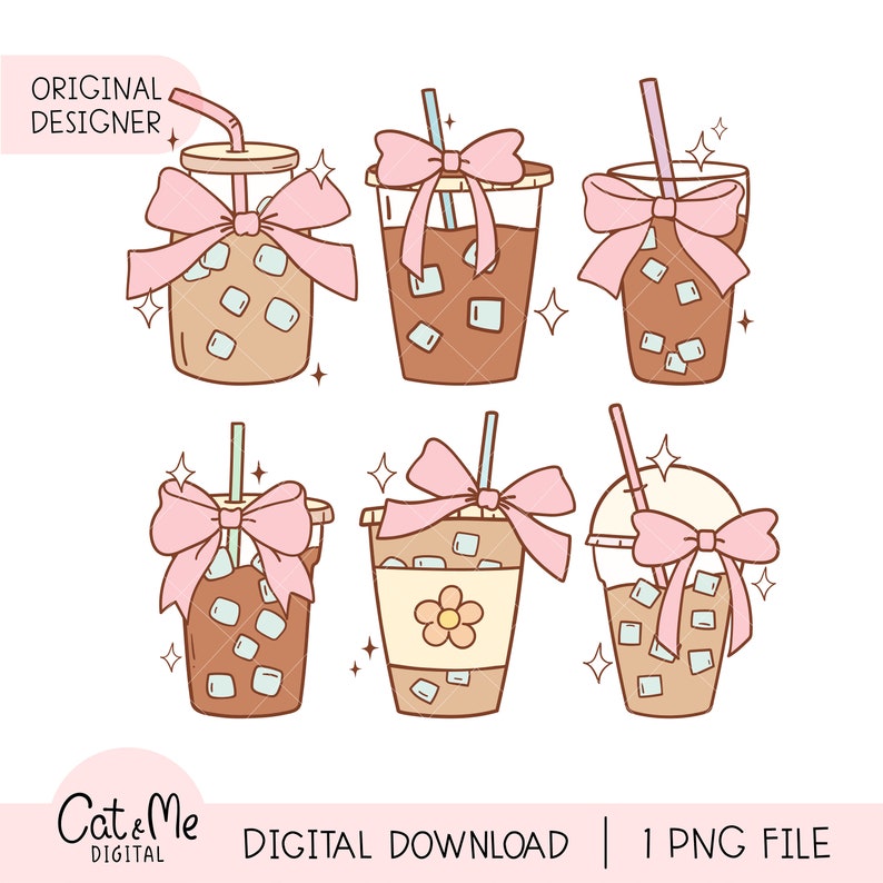 May include: Six illustrations of iced coffee drinks with pink bows and straws. The coffee cups are brown with white ice cubes and a brown lid. The bows are pink with white accents. The straws are pink and white.