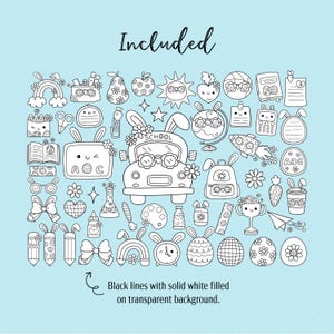 Op de afbeelding: Zwart-witte lijntekeningen van schoolthema-objecten, waaronder een schoolbus, een globe, een rugzak, een potlood, een regenboog, een klok en een trofee. De tekst "SCHOOL" is in de afbeelding opgenomen.