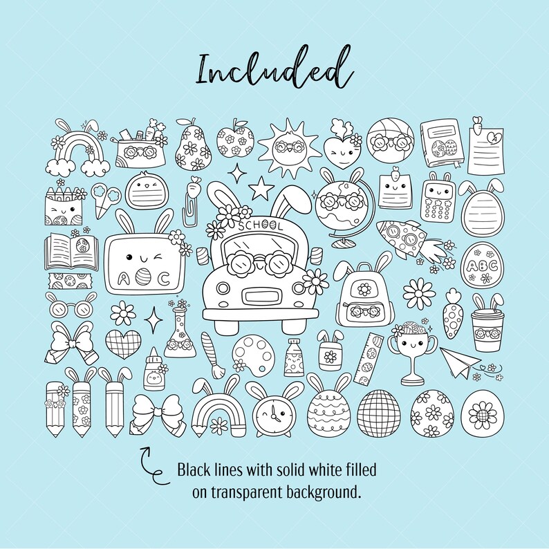 Op de afbeelding: Zwart-witte lijntekeningen van schoolthema-objecten, waaronder een schoolbus, een globe, een rugzak, een potlood, een regenboog, een klok en een trofee. De tekst "SCHOOL" is in de afbeelding opgenomen.