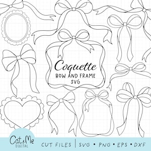 Doodle coquette bows svg Bow and frame svg Vintage ribbon svg Outline coquette svg Decoration valentine svg Aesthetic Coloring svg cut files