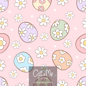 Peut inclure: Un motif sans couture représentant des œufs de couleur pastel avec des fleurs de marguerite blanches sur un fond rose. Le motif mesure 12 x 12 pouces et est intitulé "Cat & Me Digital".