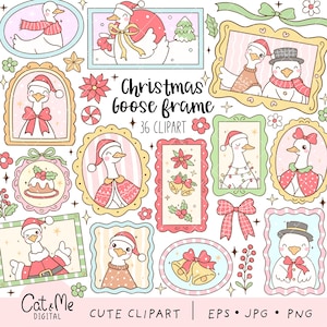 May include: A collection of 36 cute Christmas-themed goose frame clip art images. The illustrations feature geese in Santa hats and festive attire, surrounded by decorative frames, bows, and holiday elements. The text "Christmas goose frame" is also included.