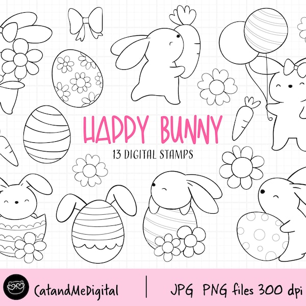 Bunny Easter digital stamps Bunny stamps Easter bunny clipart Eggs digistamp Spring digital stamp Easter line art Coloring clipart